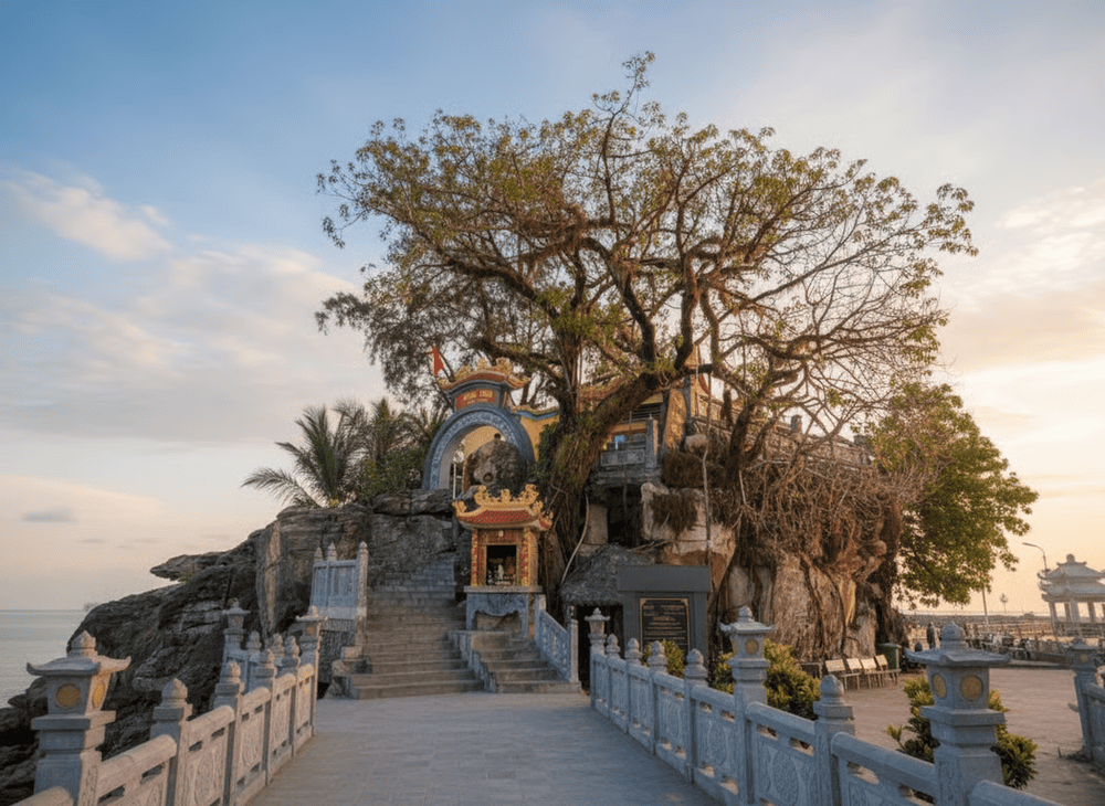 From the outside, the temple impresses with centuries-old trees and its perch on a massive seaside rock